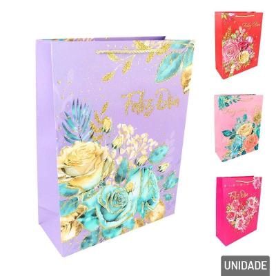 Sacola De Papel 40x30cm Flores Glitter - Tudo Em Caixa
