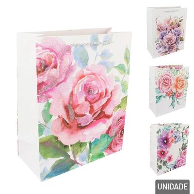 Sacola De Papel 32x26cm Flores Com Glitter - Tudo Em Caixa