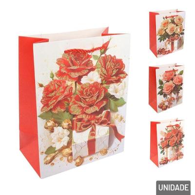 Sacola De Papel 23x18cm Rosas Glitter - Tudo Em Caixa