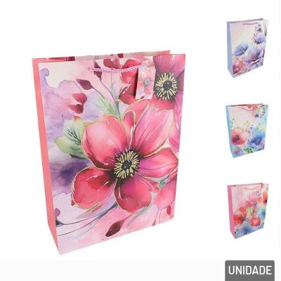 Sacola De Papel 23x18cm Flores Com Glitter - Tudo Em Caixa