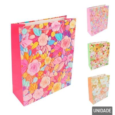 Sacola De Papel 32x26cm Flores Glitter - Tudo Em Caixa