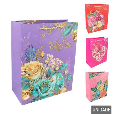 Sacola De Papel 32x26cm Flores Glitter - Tudo Em Caixa