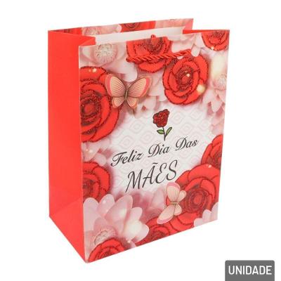 Sacola De Papel 23x18cm Flores Glitter Vermelho - Tudo Em Caixa