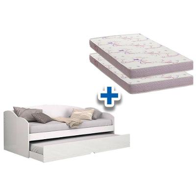 Colchão Solteiro Physical Ortobom (2un) + Sofá Cama Funny II c/ Auxiliar Branco