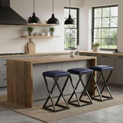 Kit 3 Banqueta Baixa Cozinha Bar 50 Cm Balcão Gourmet Corino Azul Marinho