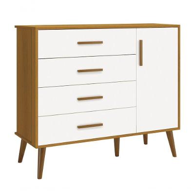 Cômoda Sapateira Retrô Isis 4 Gavetas MDF com Puxador Envelopado Branco Fosco e Savana