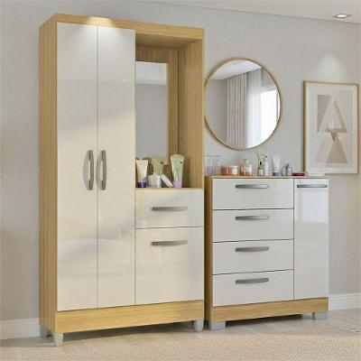 Kit Guarda Roupa Atlas 3 Portas E Cômoda Poquema Damasco/off White