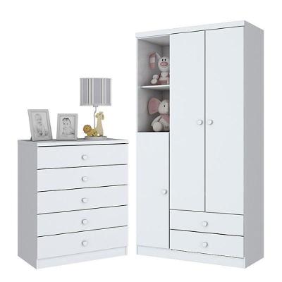 Jogo De Quarto Infantil Bala De Menta Com Guarda Roupa E Cômoda Branco Brilho - Móveis Henn Branco Brilho