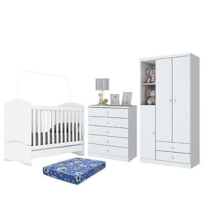 Dormitório Bala De Menta Guarda Roupa, Cômoda E Berço Branco Brilho Com Colchão - Móveis Henn Branco Brilho