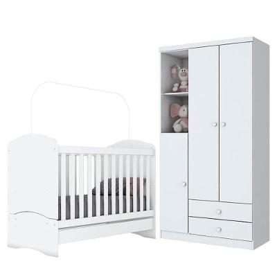 Jogo De Quarto Infantil Bala De Menta Com Guarda Roupa E Berço Branco Brilho - Móveis Henn Branco Brilho