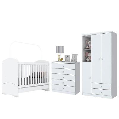 Dormitório Infantil Bala De Menta Com Guarda Roupa, Cômoda E Berço Branco Brilho - Móveis Henn Branco Brilho
