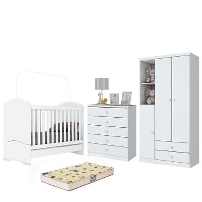 Dormitório Bala De Menta Com Guarda Roupa, Cômoda, Berço Branco Brilho E Colchão - Móveis Henn Branco Brilho