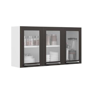 Armário Aéreo De Cozinha Grafite 3 Portas Com Vidro Florença