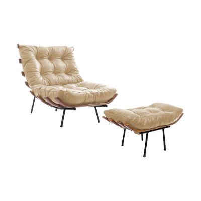 Poltrona Costela Em Couro Natural Com Puff - Bege