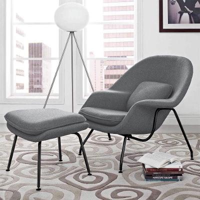 Poltrona Womb Chair Com Puff Base Preta Linho Cinza