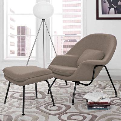 Poltrona Womb Chair Com Puff Linho Bege