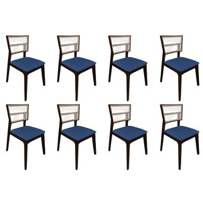 Kit 8 Cadeiras De Jantar Tela Premium Madeira Maciça Manuela Azul Veludo Castanho