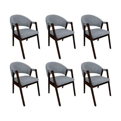 Kit 6 Cadeiras De Jantar Madeira Maciça Helen Impermeável Castanho Cinza Linho