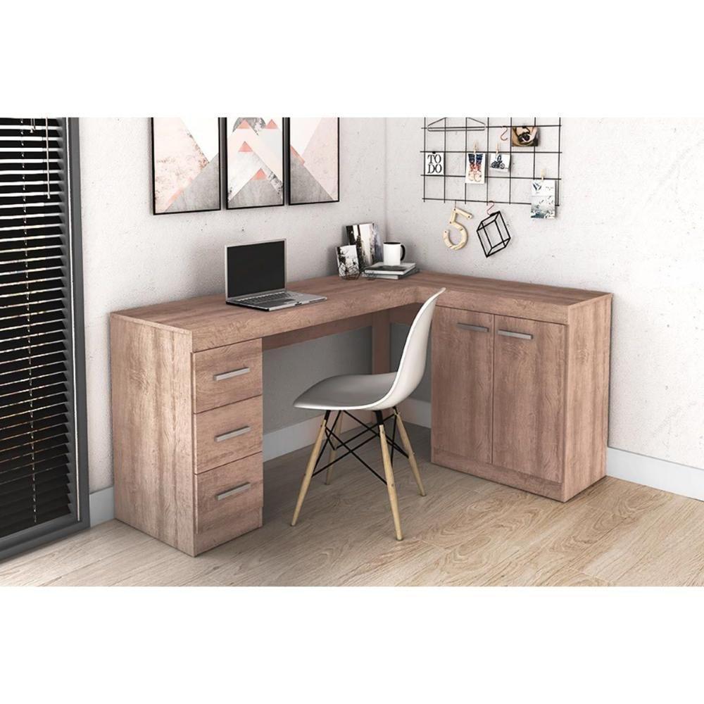 Mesa Canto p/Escritório MSM446 c/ 2 Portas e 3 Gavetas Rustico - Movelbento - 2