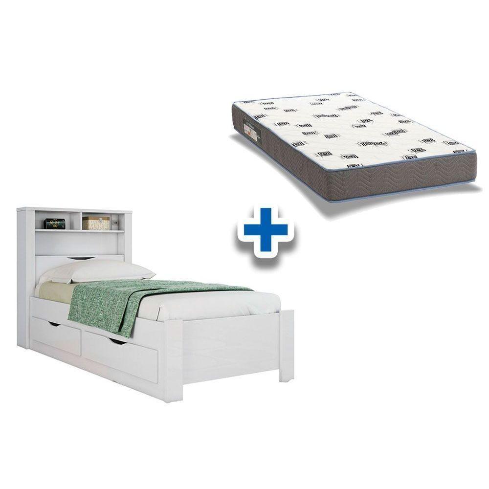 Colchão Solteiro Light D33 Ortobom + Cama Invicta C/ 2 Gavetas Branco - 1