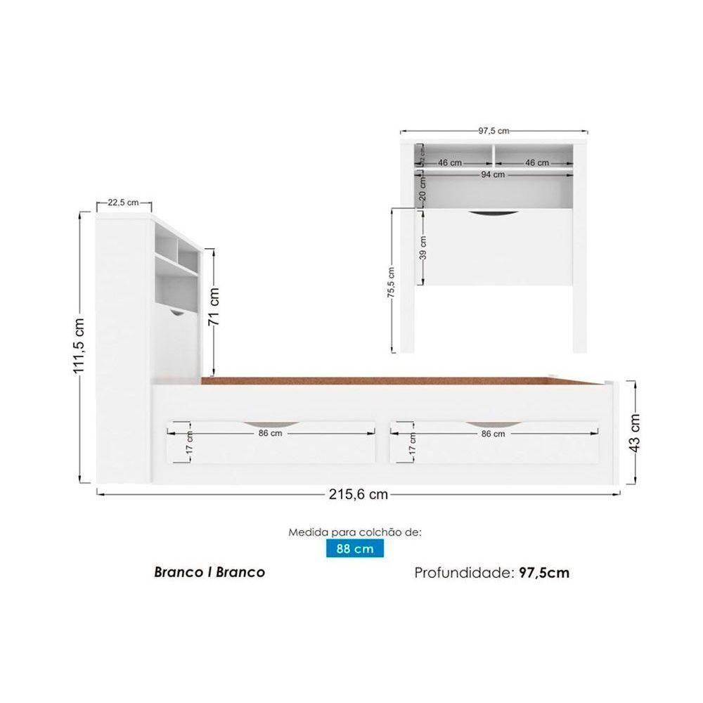 Colchão Solteiro Light D33 Ortobom + Cama Invicta C/ 2 Gavetas Branco - 7