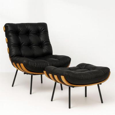 Poltrona Costela Corino + Puff Base Reforçada Metal Preto