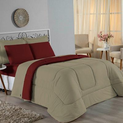 Kit Edredom Dupla Face + Jogo De Lençol Solteiro Nobre 5 Peças Malha 100% Algodão - Avelã / Vinho