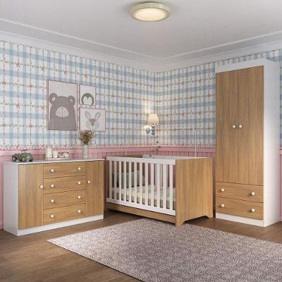 Quarto De Bebê Completo Com Berço Americano 3 Em 1 Encanto Multimóveis Mp4593 Branco/madeirado