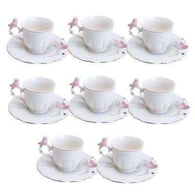 Jogo 8 Xícara De Café Porcelana Rosa E Branca Birds Pássaro Com Pires 100ml Wolff