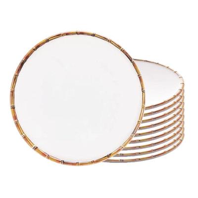 Jogo 10 Prato Sobremesa Borda De Bambu Melamina Branco 22cm Wolff