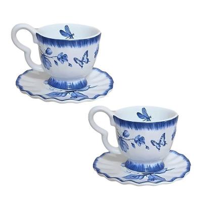 Jogo 2 Xícara De Café Cerâmica Azul E Branca Demoiselle Scalla 100ml