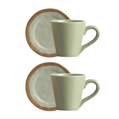 Jogo 2 Xícara De Chá Com Pires De Cerâmica Filete Amassada Verde Scalla 150ml