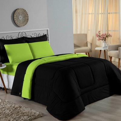 Kit Edredom Dupla Face + Jogo De Lençol Casal Viúva Nobre 6 Peças Malha 100% Algodão - Preto / Pistache