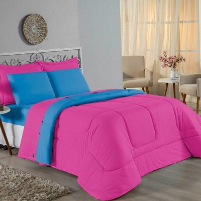 Kit Edredom Dupla Face + Jogo De Lençol Casal Viúva Nobre 6 Peças Malha 100% Algodão - Pink / Turquesa