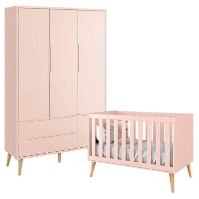 Berço Americano E Guarda Roupa Theo 3 Portas Rosa Com Pés Madeira Natural - Reller