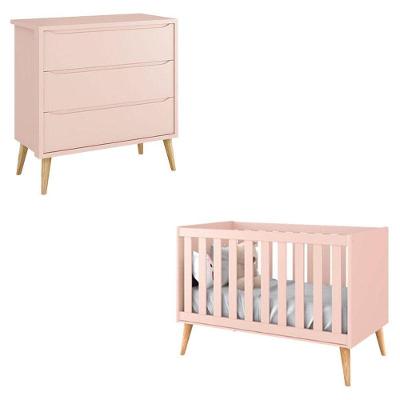Berço Americano E Cômoda Infantil Gaveteiro Theo Rosa Com Pés Madeira Natural - Reller