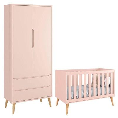 Berço Americano E Guarda Roupa Theo 2 Portas Rosa Com Pés Madeira Natural - Reller