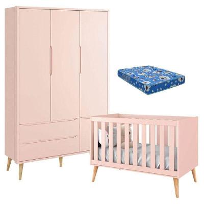 Berço Americano Com Colchão E Guarda Roupa Theo 3 Portas Rosa Pés Madeira Natural - Reller