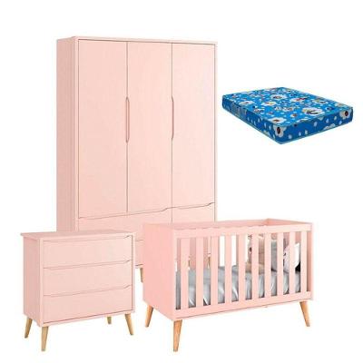 Quarto De Bebê Theo 3 Portas Com Colchão E Cômoda Gaveteiro Rosa Pés Madeira Natural - Reller