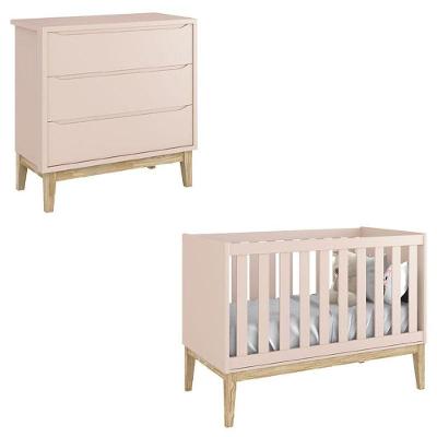 Berço Americano E Cômoda Gaveteiro Classic Rosa Com Pés Madeira Natural - Reller