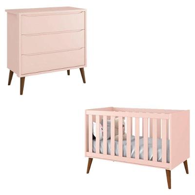 Berço Americano E Cômoda Infantil Gaveteiro Theo Rosa Com Pés Amadeirados - Reller