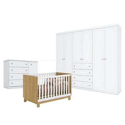 Quarto De Bebê Americano 6 Portas Com Berço Americano Mini Cama Q Encanto Slim Freijó Branco Acetinado - Qmovi - Henn