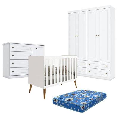 Quarto De Bebê Americano 4 Portas Com Berço Americano Isis Branco Acetinado Reller E Colchão Ortobom - Henn