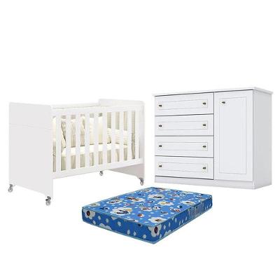 Berço Americano Evolution 4 Em 1 Branco Acetinado Reller E Cômoda Americano Branco Hp E Colchão Ortobom - Henn