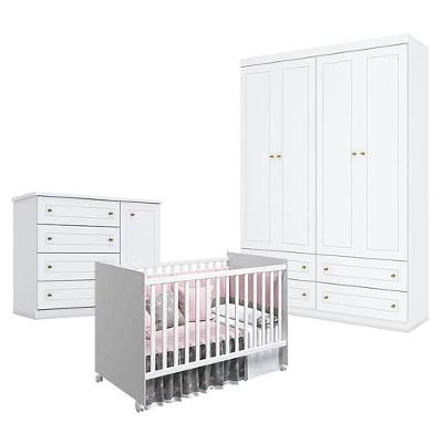 Quarto De Bebê Americano 4 Portas Com Berço Nacional Mel Branco Acetinado - Reller - Henn