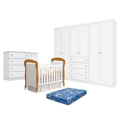Quarto De Bebê Americano 6 Portas Com Berço Danny Branco Acetinado Savana Reller E Colchão Ortobom - Henn.