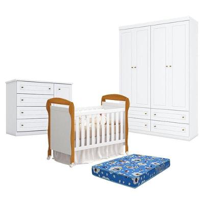Quarto De Bebê Americano 4 Portas Com Berço Danny Branco Acetinado Savana Reller E Colchão Ortobom - Henn.