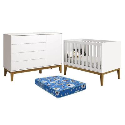 Berço Americano E Cômoda Com Porta Classic Elfe Branco Acetinado Com Pés Madeira E Colchão Ortobom - Reller