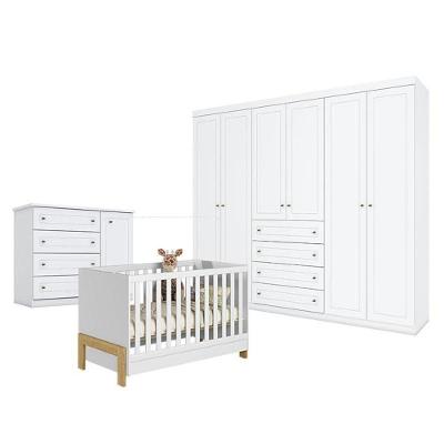 Quarto De Bebê Americano 6 Portas Com Berço Americano Mini Cama Fantasia Branco Acetinado - Qmovi - Henn