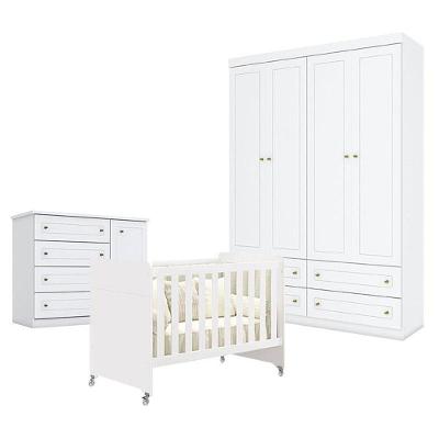 Quarto De Bebê Americano 4 Portas Com Berço Americano Evolution 4 Em 1 Branco Acetinado Reller - Henn
